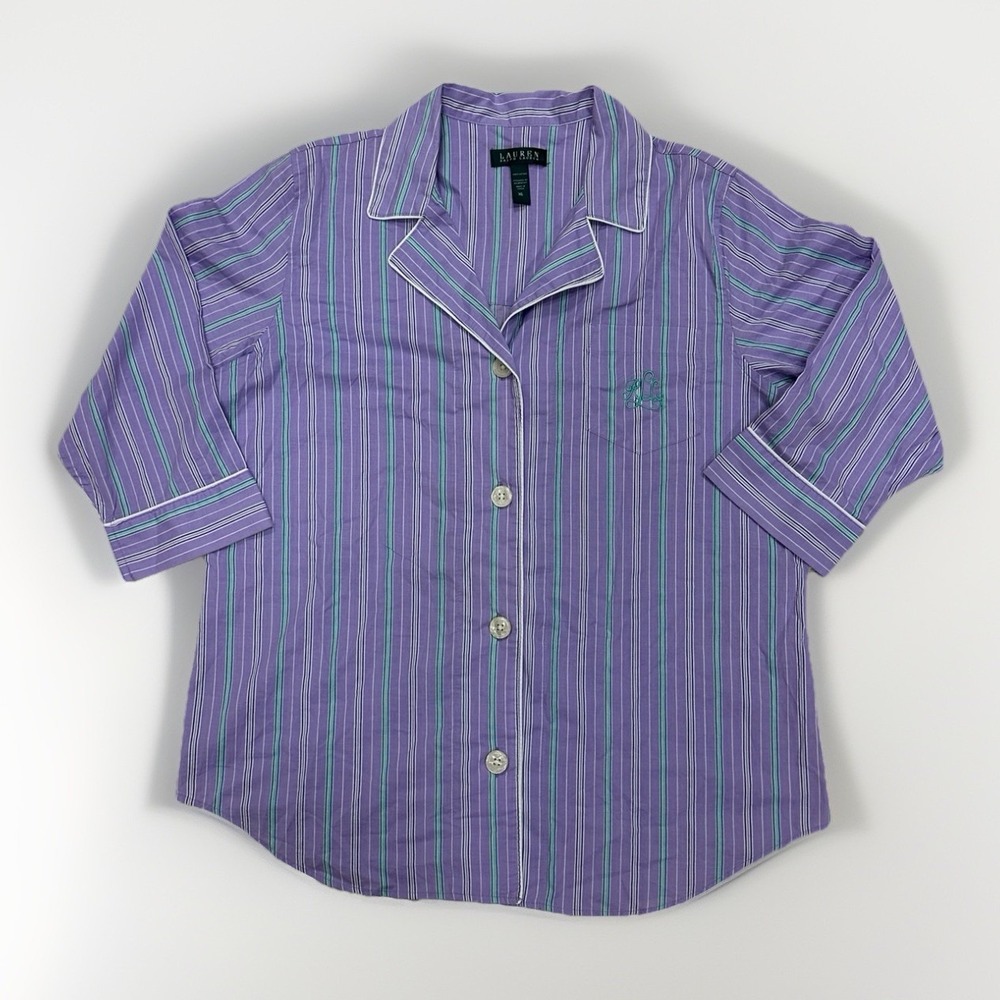 Lauren Ralph Lauren Women's Pajama Top XL Purple Striped‎ Button Down Cotton